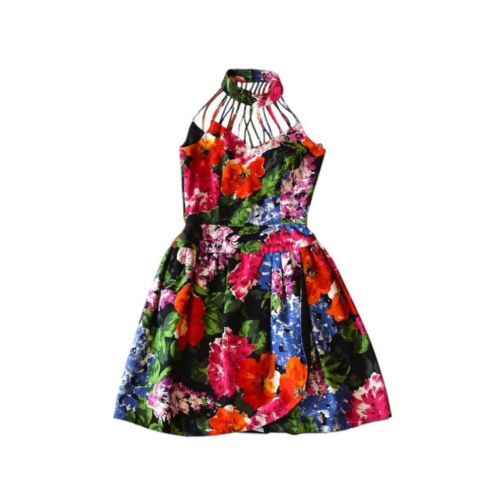 Vintage 80s Lillie Rubin Floral Halter Prom Dress Size 2